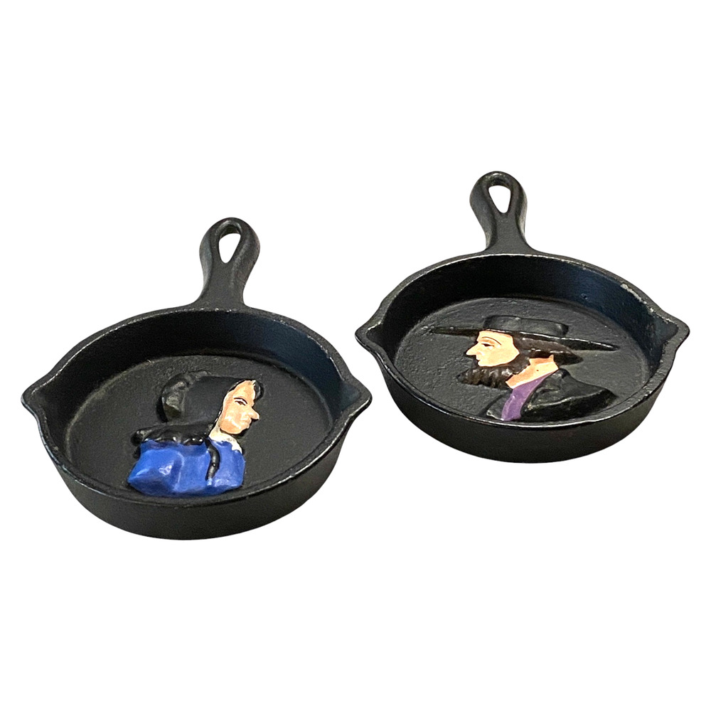 Vintage Mini Cast Iron Skillet Amish Man Woman Silhouette Hand Painted Black Pan